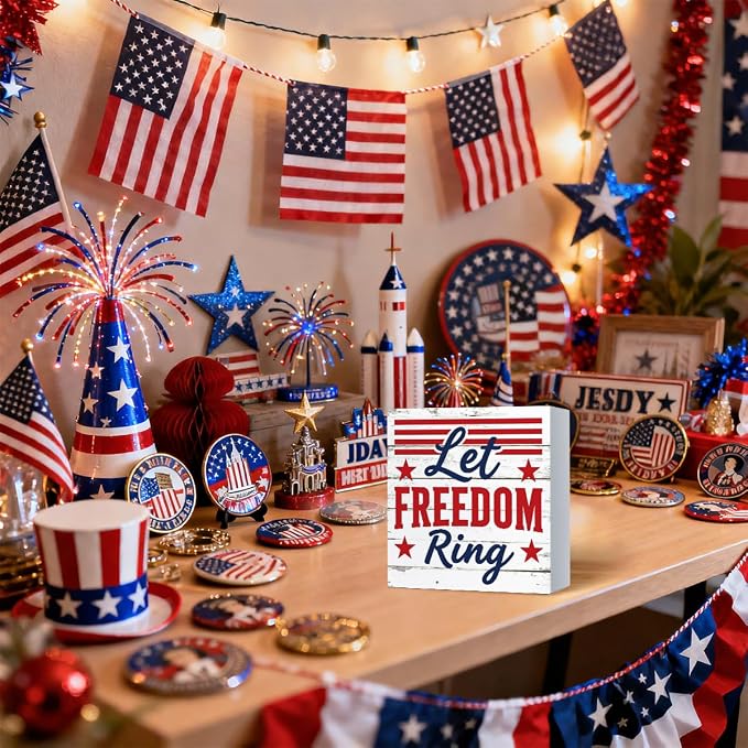 Patriotic Wooden Box Sign,Let Freedom Ring 4th Of July Signs Home Decor,Independence Memorial Day Block Sign for Desk Shelf Tabletop Decor