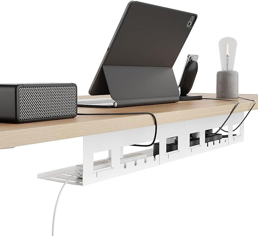 PEGZONE Under Desk Cable Management Tray, 31.5 Inches Metal Cord Organizer Rack, Desk Tray for Power Strip, Cord, Wire, Easy Mounting Cable Management Under Table for Home Office, White