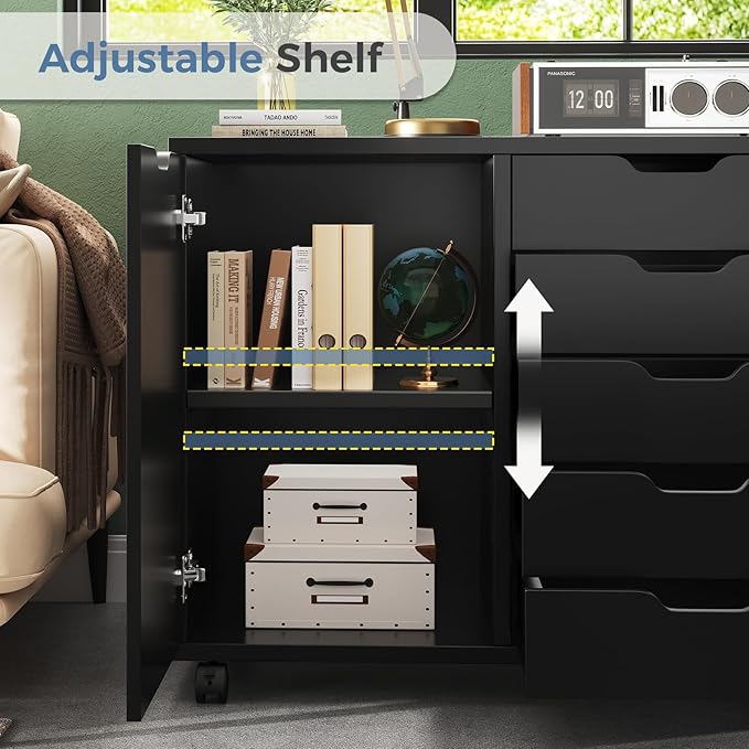 DUMOS 5-Drawer Office Storage File Cabinet Organizer with Wheels, Black | Under Desk Cabinets with Shelves and Door Printer Stand with Wood Board Metal Frame for Home Office Storage Craft Room
