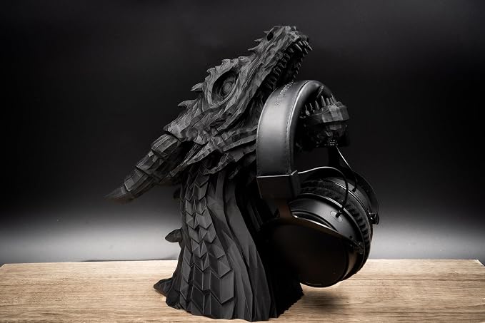 Dragon Headphones Stand, Holder, Statue - Gamer Gift, 15" Tall, Matte Black