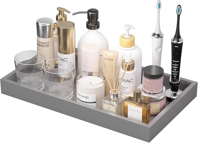 ZHWS Bathroom Vanity Tray for Countertop Perfume Makeup Jewelry Candle Decor, Kitchen Tray for Soap Dispenser Spice Salt, Large Tray for Toilet Tank Paper, Serving Nightstand Silver 13”x6.5”