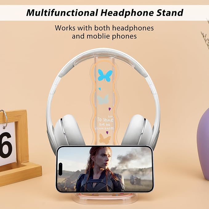 CamyCosy Headphone Stand Gaming Headset Holder for Desk,Clear Colorful Butterflies Pattern Cellphone & Earphone Stand Desk Accessories for All Headphones Size