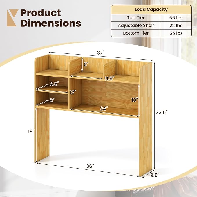 Giantex Desktop Bookshelf, 37" Desk Hutch Dorm for Computer Up to 32 Inch, Countertop Hutch w/6 Storage Shelves, 3-Tier Desktop Organizer Display Rack, Wood Desk Shelf for Home Office (Burlywood)