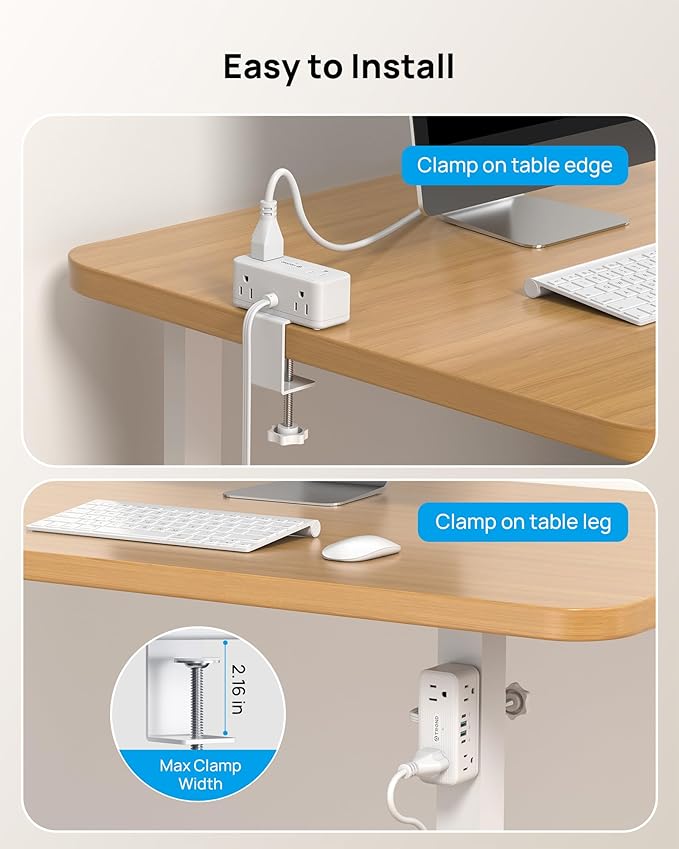 TROND Small Footprint Desk Clamp Power Strip USB C PD 20W, Flat Plug Extension Cord 5ft, 3 Sided 6 Outlets, 4 USB, 900J Surge Protection, Fit 2.16" Tabletop Edge, Home Office Desk Accessories, White