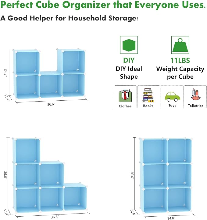 C&AHOME Cube Storage Organizer, 6-Cube Shelves Units, Closet Cabinet, DIY Plastic Modular Book Shelf, Ideal for Bedroom, Living Room, Office, 36.6" L x 12.4" W x 36.6" H Blue UPCS06L