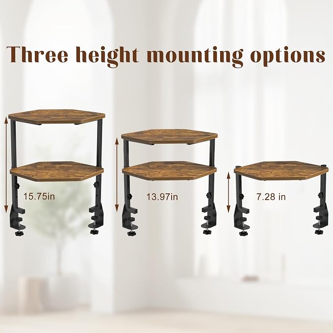 Corner Clamp-on Shelving Above or Below Desk 2 Tier 16 inch Organizer for Table Accessories, Gaming Devices and More