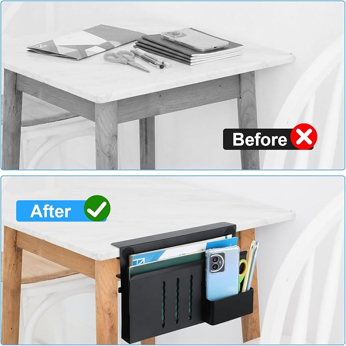 Desk Side Storage, No Drill Laptop Holder with Magnetic Pen Organizer, Clamp On Under Desk Mount for Home Office, Fits Flat Edge Tables 0.3" to 2.8"