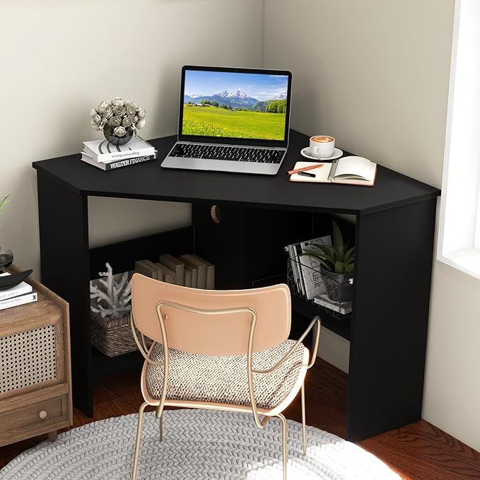 HOMGX Corner Computer Desk, Triangle Desk with Storage Shelves, Small Corner Desk for Small Spaces, Corner Vanity Desk for Home, Bedroom, Living Room, Office (Black)