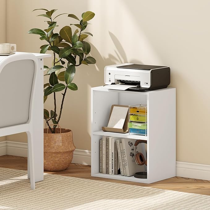 2 Cube Storage Organizer, 21" Small Bookcase with 5-Position Adjustable Panel, Under Desk Bookshelf, Modern Display Shelf, Wooden Cube Shelf for Home Office Bedroom (White)