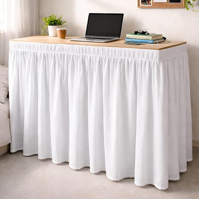 Shreem Linen Dorm Desk Skirt, Ruffled Gathered Table Cover, Custom-Fit, No Platform, Split Corners, Under Desk Storage Cover for Dorm & Home Office, White Desk Skirt (D24 x W32 Skirt H30 Inches)