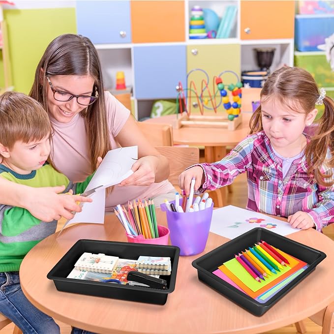 ShineMe 6 Pack Paper Trays for Classroom, Black Plastic Book Bins with Colorful Labels, Stackable Letter Size Storage Tray, Desk Organizer Tray for Home, School and Office