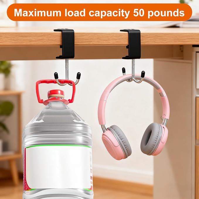 4 Pack Adjustable Purse Hooks for Table & Desk, Double-Hook Heavy-Duty Backpack Hanger 100lb Capacity High-Strength Holder Space-Saving Desk Organizer for Handbag Headphone Umbrellas(Black)