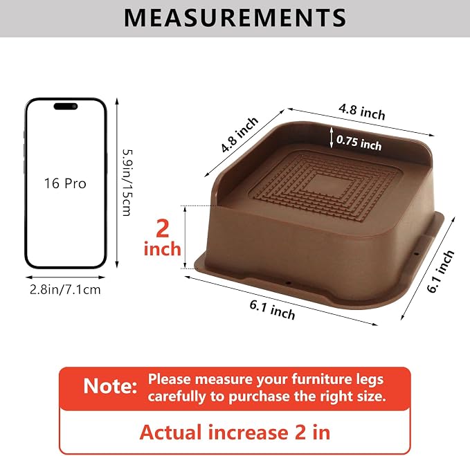 4 Pack Dark Brown Bed Risers 2 inch Heavy Duty, Oversized Furniture Risers, Bed Lifts Risers for Table, Sofa, Chair, Couch, Desk, Bed Frame Risers Supports Up to 6,500 Lbs