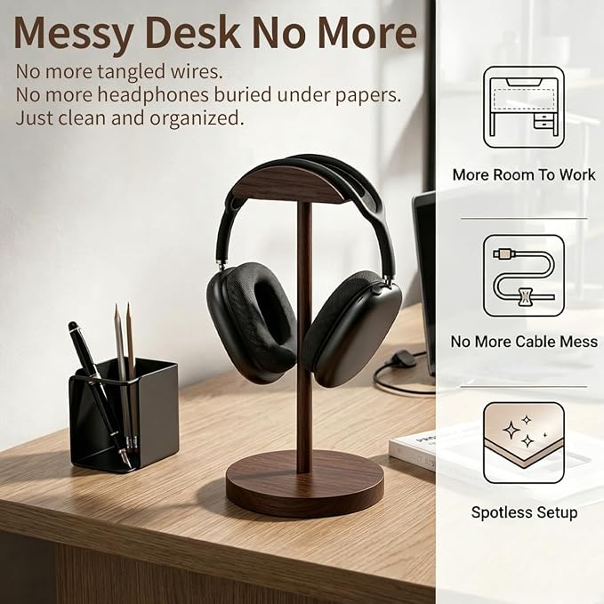 Headphone Stand Nature Wood Headset Hanger Mount Hook Gaming Holder Desktop Earphone Artful Functional Stand for All Headsets with Solid Wooden Base