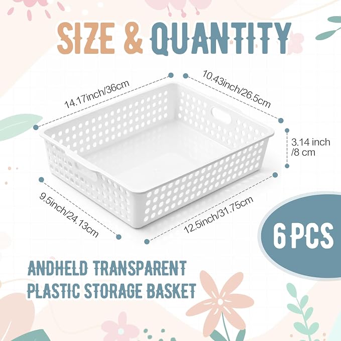 Geetery 6 Pack Classroom Storage Baskets with Handle 14''x10'' Paper Tray Holds A4 Turn in Trays Plastic Paper Baskets Desk Organizer Bin for Classroom, Library, Office, Home (White)