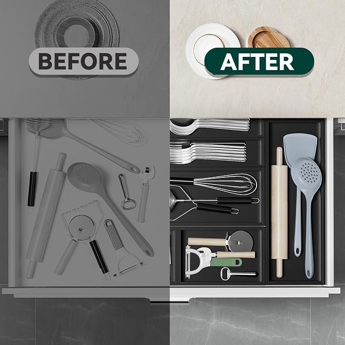 Lixple Bamboo Drawer Organizer, Narrow Silverware Organizer for Kitchen, Stackable Utensil Organizer, 2 Pcs Flatware Organizer, Wooden Storage Box Tray (Black, 12 X 3 X 2 Inch)