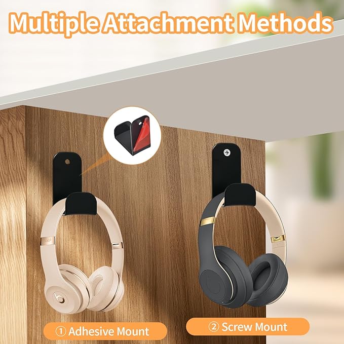 Headphone Stand, Adhesive Headphones Holder with Rubber Pad, Sticky Headset Hook for Desk or Wall, Headsets Hanger with Screws, Gaming Desk Accessories for All Headphone
