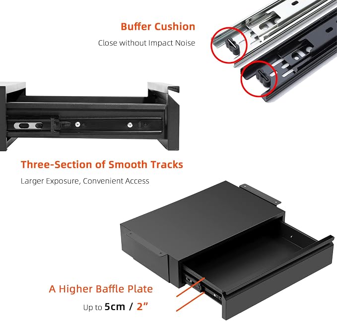 1 Pack Under Desk Drawer 18", Pull-out Storage Organizer with Large Slide Extension Mounted Under Flat Wooden Table or Workbench, Black_Normal Version