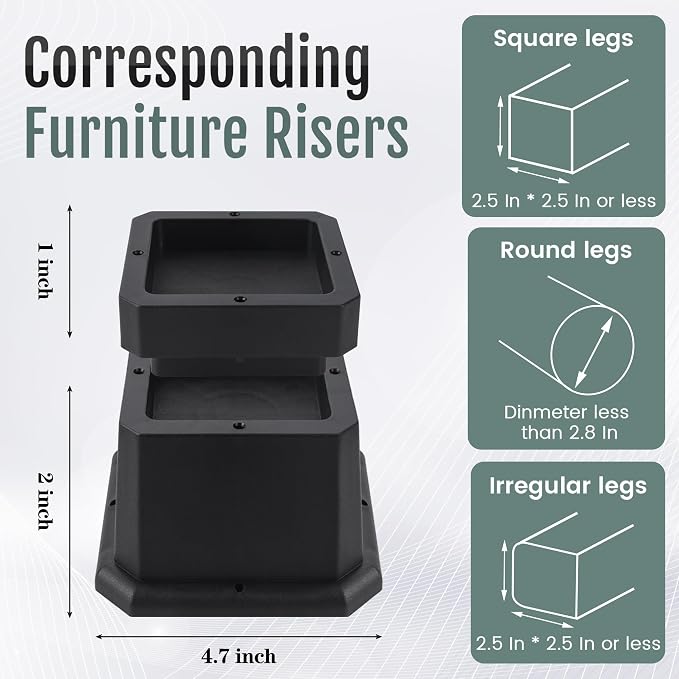BTSD-home Adjustable Bed Risers 2,3 or 4 Inch Heavy Duty 8 Pack Furniture Risers Dorm Bed Risers Table Desks Legs Blocks Black
