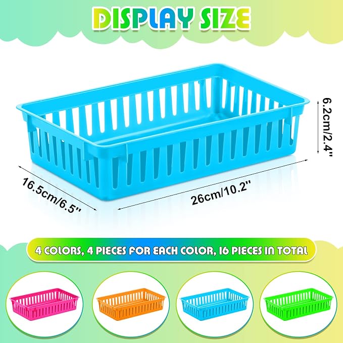 16 Pcs Classroom Storage Baskets Bins Crayon Holder Box Plastic Organizer Plastic Pencil Crayon Book Baskets for Library Storage Trays for Desk Drawer Home Office, 10.2 x 6.5 x 2.4 Inch