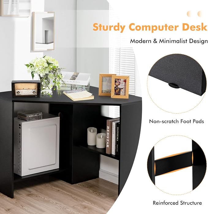 Small Corner Desk, Space-Saving Corner Workstation with Storage Shelves & CPU Stand, 90 Degree Triangle Makeup Vanity Desk, Wood Corner Computer Desk for Small Space (Black)
