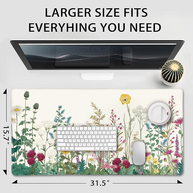 Wildflower Garden Large Gaming Mouse Pad 31.5"x15.7"｜ XXL Desk Mat, Non-Slip Rubber Base & Stitched Edges - Extended Waterproof Mousepad for PC/Laptop/Office/Home Decor