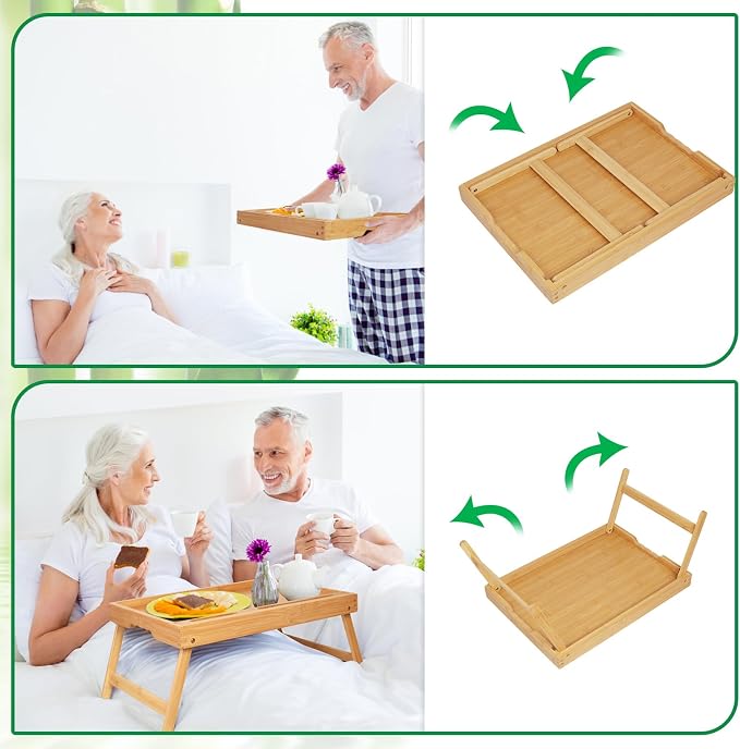 Artmeer Bed Tray Table with Folding Legs, Bamboo Breakfast Food Tray with Media Slot, Use As Platter, Laptop Desk, Snack, TV Tray Kitchen Serving Tray (Bamboo Extra-Large Size)