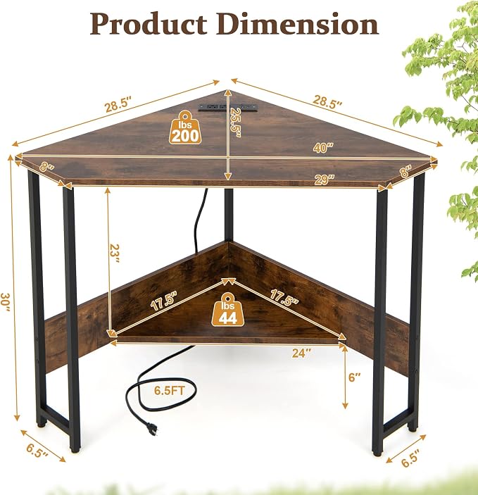 HOMGX Triangle Corner Computer Desk for Small Space, Rustic Brown, Modern Style, Space Saving, USB Ports & Power Outlet, Sturdy & Durable Construction, 28.5" x 30"