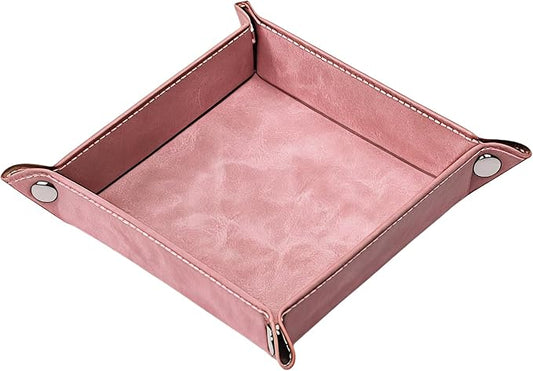 Valet Tray Desktop Storage Organizer – Vegan Leather Catchall Bedside Vanity Tray Nightstand Caddy Holder for Remote Controller, Watch, Keys, Phone, Wallet, Coin, Jewelry, Stone Pink
