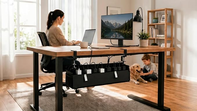 Under Desk Cable Management Tray, 28", Black Standing Under Cable | No Drill, Fabric Cord Organizer with Reinforced Base, Clamp Mount Wire Management, For Office/Home & Standing Desk
