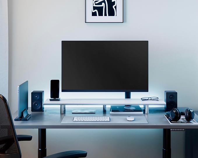 Fenge 39.4 Inch Dual Monitor Stand, Height Adjustable Monitor Riser Stand for Desk, Wooden & Steel Monitor Shelf for 2 Computers up to 99lbs, Stable Desk Organizer for PC Laptop TV, White