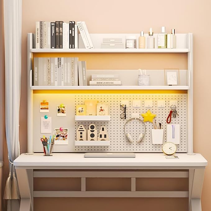 Clamp On Desk Organizer Shelf, White Desktop Bookshelf Storage Shelves with Pegboard Desktop Shelving System for Home Office Dorm Gaming Desk (80cm/31.4in)