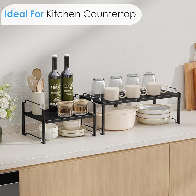 2 Pack 11” Depth Expandable Kitchen Cabinet Organizer Shelves, Metal Kitchen Countertop Organizers and Storage Shelving, Heavy Duty Stackable Storage Rack Shelf For Pantry Cupboard Counter Tabletop