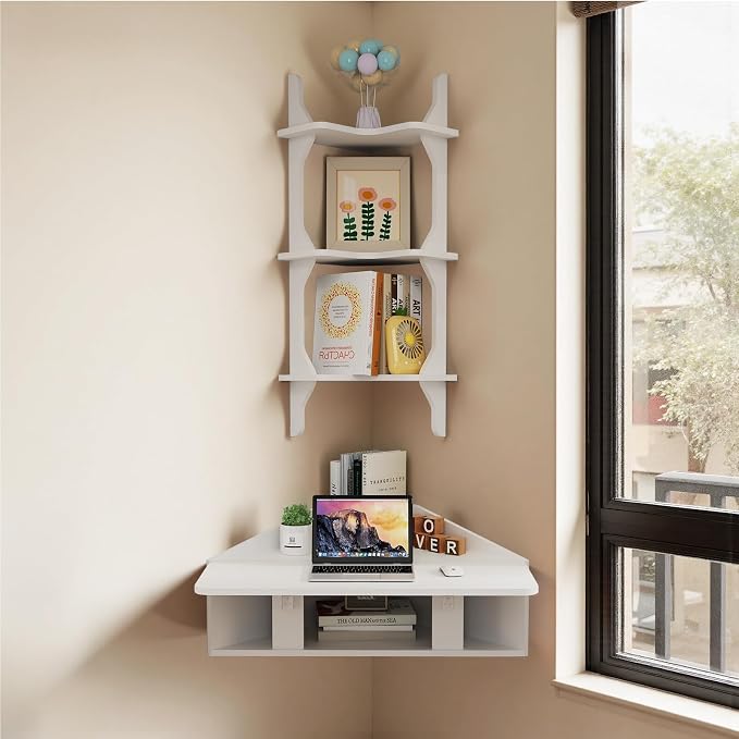 Pmnianhua Floating Corner Desk,Wall Mounted Table with Shelves,Folding Corner Shelf,Wall Corner Shelf for Small Space Computer(Grayish White)