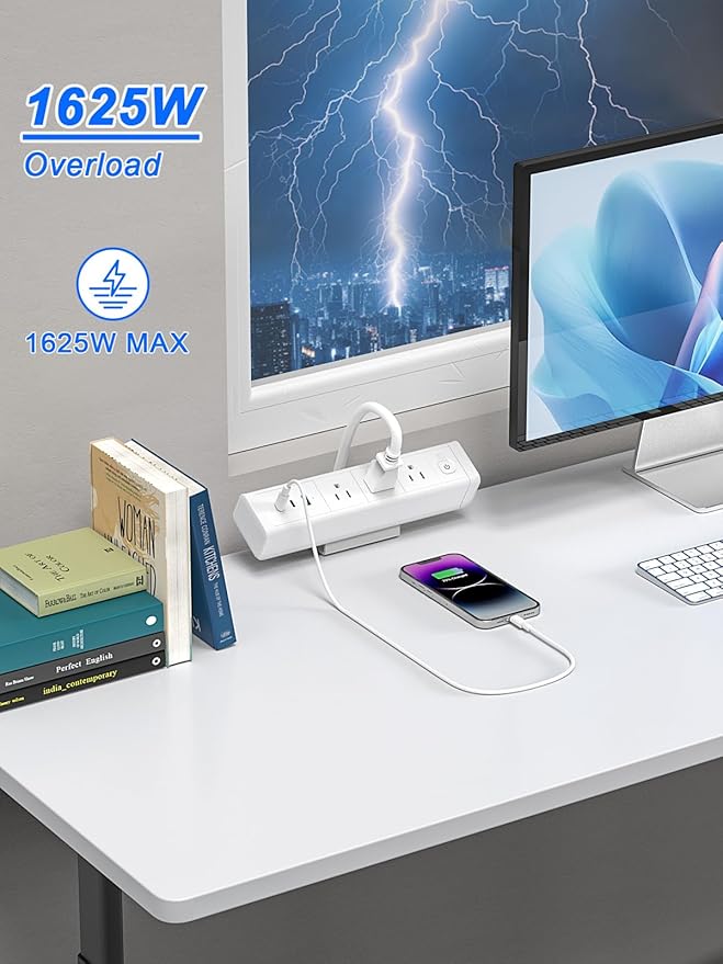 Desk Clamp Power Strip 3 Outlet 2PD20W USB-C Ports,1 USB-A Ports,Desktop Edge Mount Outlet Spaced Surge Protector Fast Charging Station, 6.6 Ft Extension Cord for Office Home. (White)