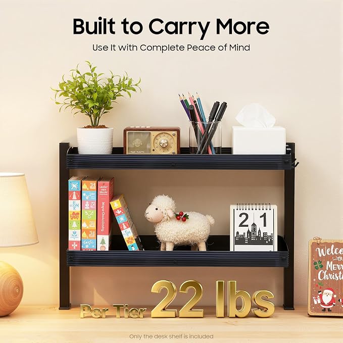 Clamp On Desk Shelf, Heavy Duty Above Desk Shelves, Under Desk Wire Management with Desk Extension Side Table, Desk Add on Shelf Clamp Table for Gaming Desk Organization