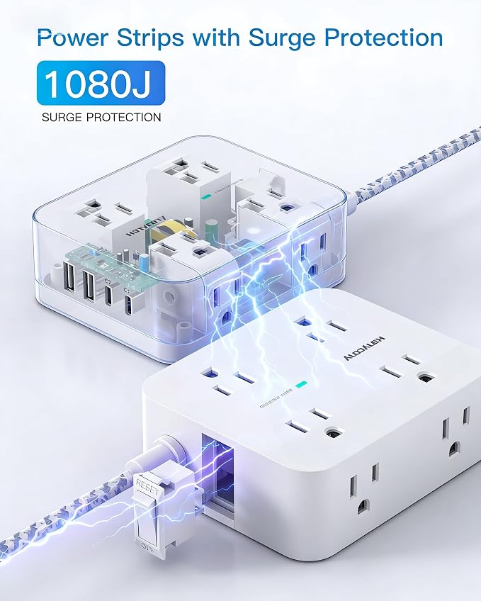 PD 30W USB C Power Strip Surge Protecor, HANYCONY 8 Outlets 4 USB(2 USB C Ports), 1080J Desk Charging Station for Multiple Devices, 10 Ft Flat Plug Extension Cord for College Dorm Room Essentials