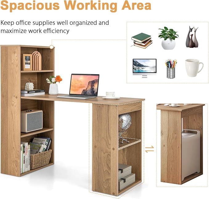 Tangkula Computer Desk with Bookshelf, Writing Study Desk with Storage Shelves & CPU Stand, Modern Compact Computer Workstation for Home & Office, Space-Saving Design(Natural)