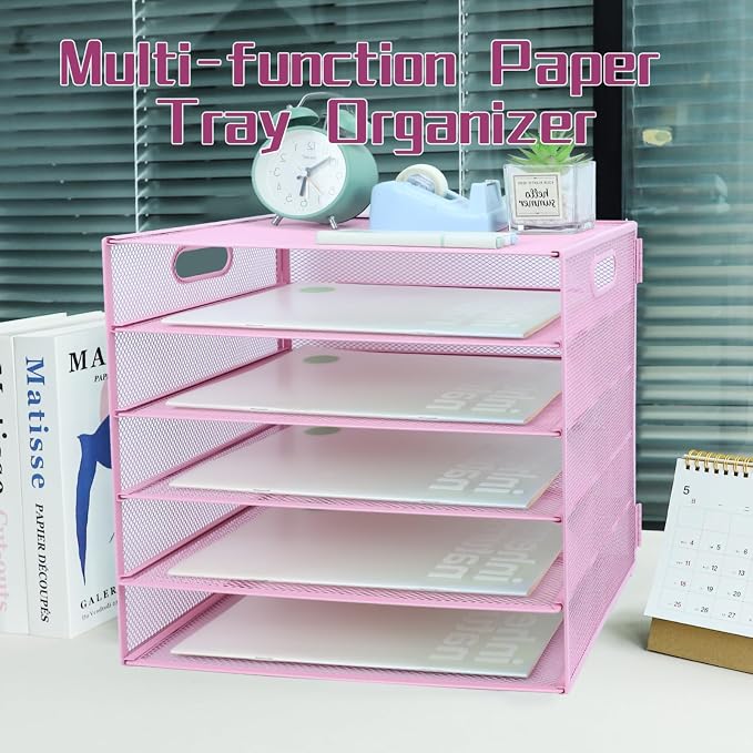 5 Tier Lettrer Tray Organizer, Metal Mesh Desk File Organizer with Sliding Trays, Paper Sorter Desk Organizer for Home Office School, Pink