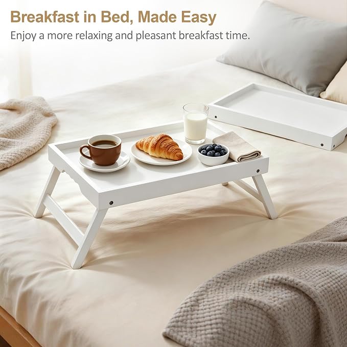 Large Breakfast Tray with Folding Legs Set of 2, 16.9" x 12.2" Bamboo Bed Tray Table with Ergonomic Wave Handles, Foldable TV Dinner Tray for Bed Couch Sofa, Breakfast, Laptop, Coffee,White