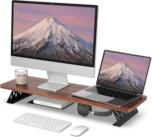 Fenge Monitor Stand Riser, 31.5 Inch Desk Top Shelf for 2 Monitors, Computer Stands for Desk, Wood & Steel Desktop Riser for Laptop, PC, Printer