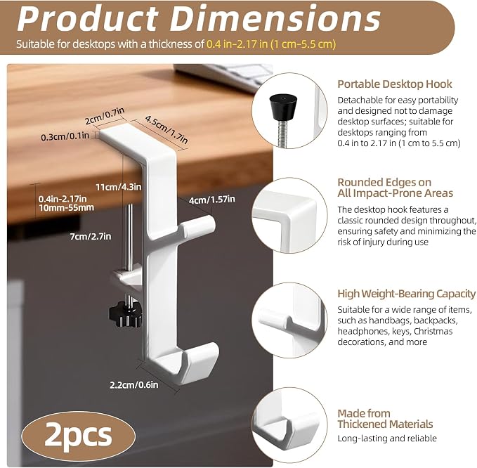 Desk Mount Bag Holder Hook Clamp,On Backpack Hanger Portable Desk Mount Headphones Holder for Reduce Desk Clutter Table Desk Table Hanging Storage (2 Pcs-Double Hook White)