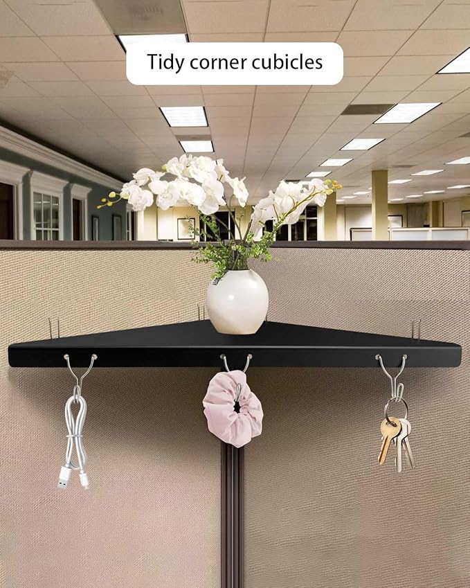 Metal Cubicle Corner Shelf with 3 Hooks for Office Fabric Walls, Hanging Organizer Shelves for Keys and Office Supplies, Space Saving Black Storage Shelf (1 Pack)