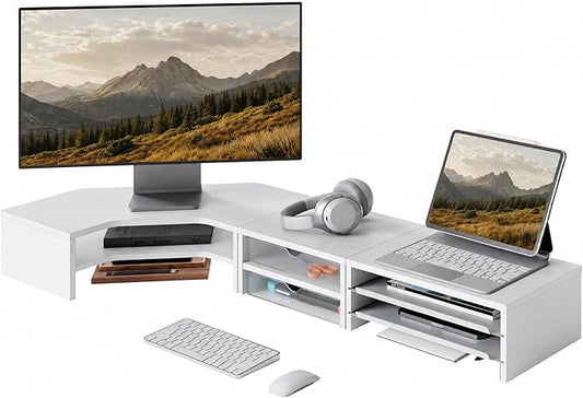 Fenge Dual Monitor Stand, Corner Monitor shelf with Drawer and Slide-Out Tray, 2 Tier Triangle Monitor Riser with Storage, Desk Shelf Organizer for Desk, Home Office, Computer, Laptop, Printer