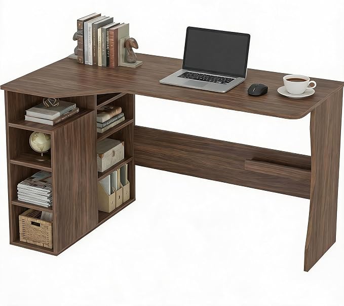 IDEALHOUSE L Shaped Desk with Storage Shelves, Small Corner Desk for Small Spaces, Reversible Table with 3 Tier Shelves, Home Office, Writing Study Gaming Desk, Walnut Wood