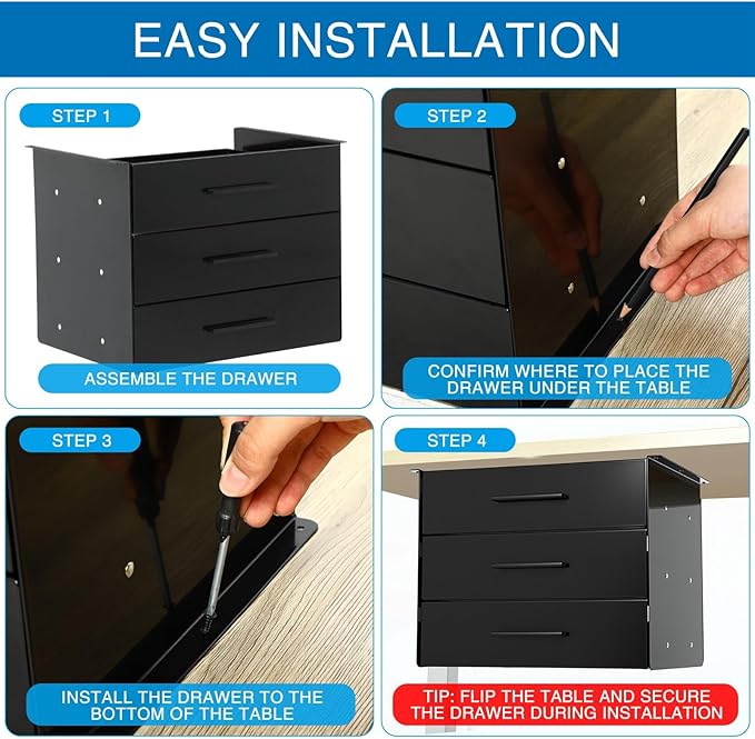 Menkxi 16'' Under Desk Drawer Slide-out Steel Under Counter Drawers Storage Organizer Large Hidden Pull-out Tray for Table Desks Home Office Workstation(Black,3 Layer)