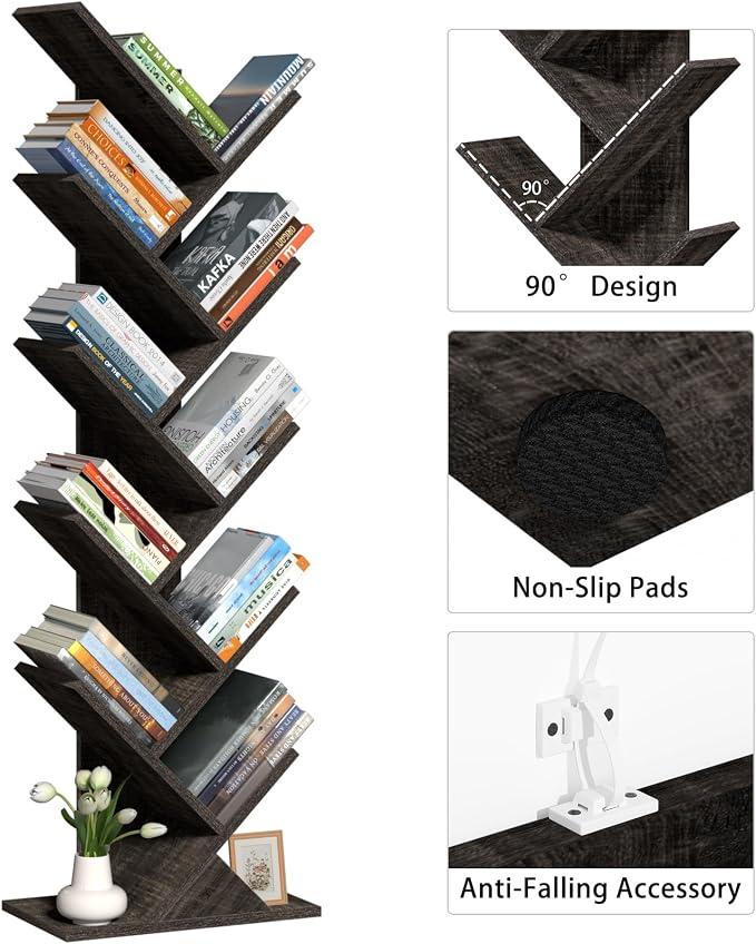SHEEPAM 10 Tier Tree Book Shelf, Floor Standing Wood Bookshelf for Narrow Space, Storage Organizer Bookshelves for Books/CDs/Magazine, Bookcase with Shelves for Home Office, Living Room - Dark Grey