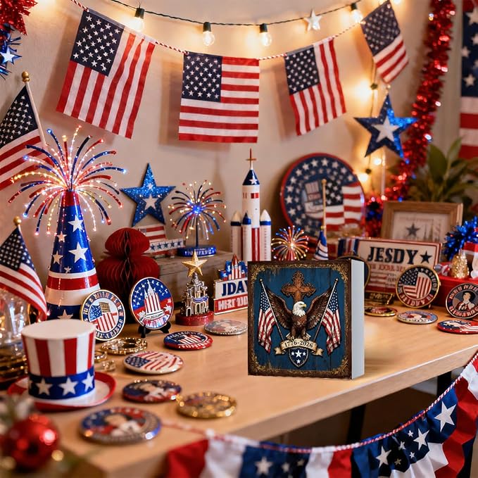 Patriotic Wooden Box Sign,1776-2026 Anniversary Eagle 4th Of July Signs Home Decor,Independence Memorial Day Block Sign for Desk Shelf Tabletop Decor