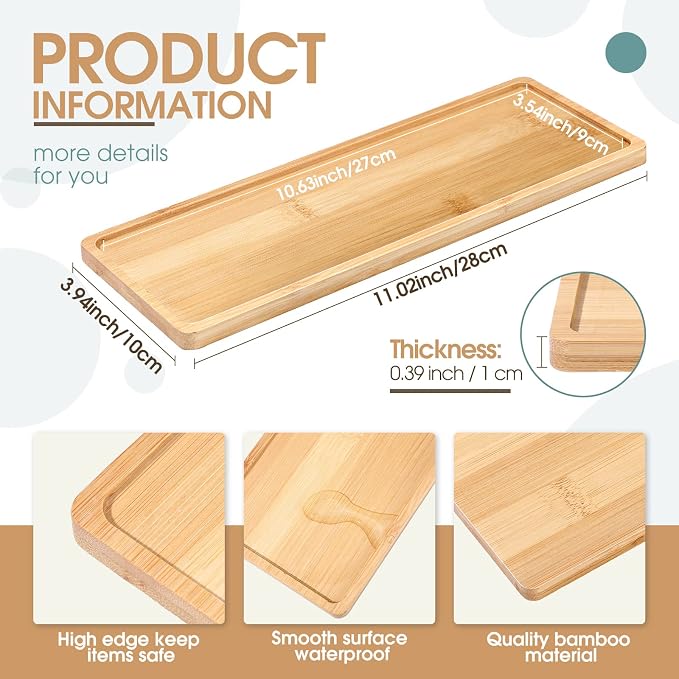 Chengu 3 Pcs Bamboo Vanity Trays for Bathroom Small Wooden Serving Tray for Bathroom Counter Food Appetizer Tea Dessert Kitchen Tissue Toilet Tank Home Decor, 11 x 4 Inch(Rectangle Edge Style)
