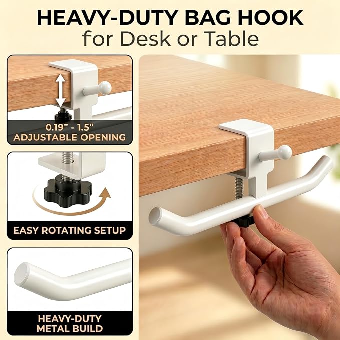 Desk Hook for Bag, Adjustable Purse Hook for Table (1-4cm/0.39-1.45in), Heavy Duty Carbon Steel Backpack Hanger, 80lb Capacity Clamp-On Bag Holder for Office, Classroom, Cafe, Home, and Gaming (White)